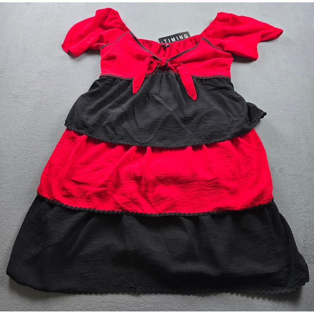 Timing Womens Red Black Tiered Mini Dress Smocked Back Front Tie MD4342 Size M